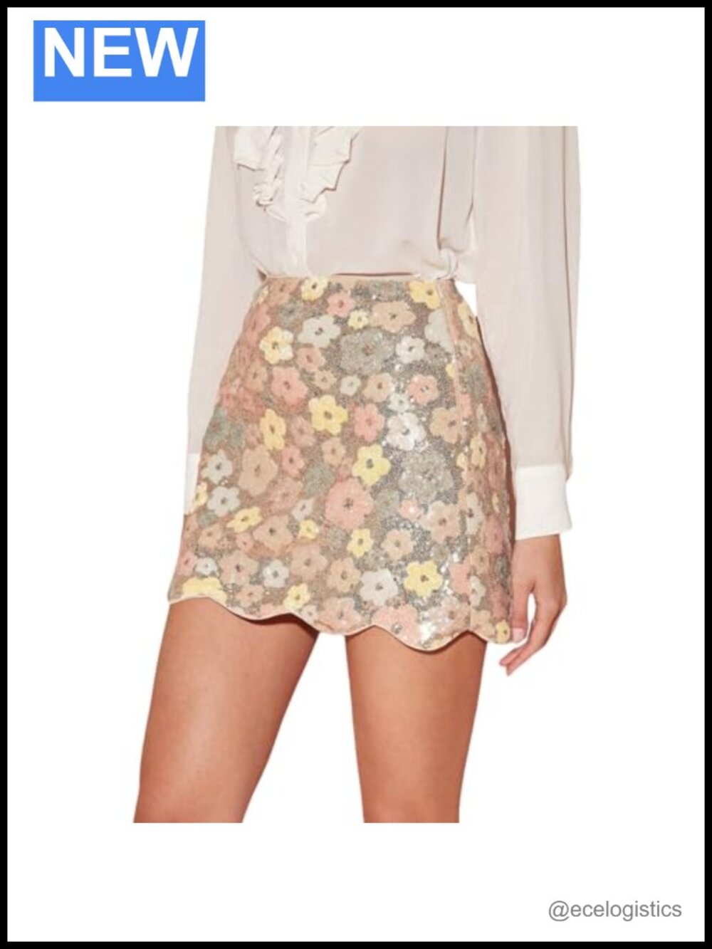 Sequin Floral Mini Skirt Scallop Trim High Waisted Bodycon Party Night Out